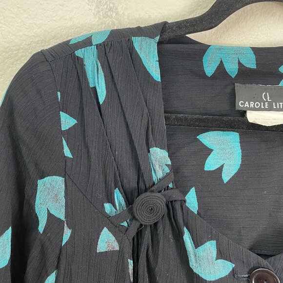 Vintage Carole Little Womens 10 Black Teal Long Sleeve Button Up Midi Dress - Picture 10 of 11